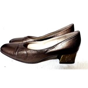 Joel Parker Italy Bronze Metallic Leather Block Heel Pumps Greek Key Detail sz 5